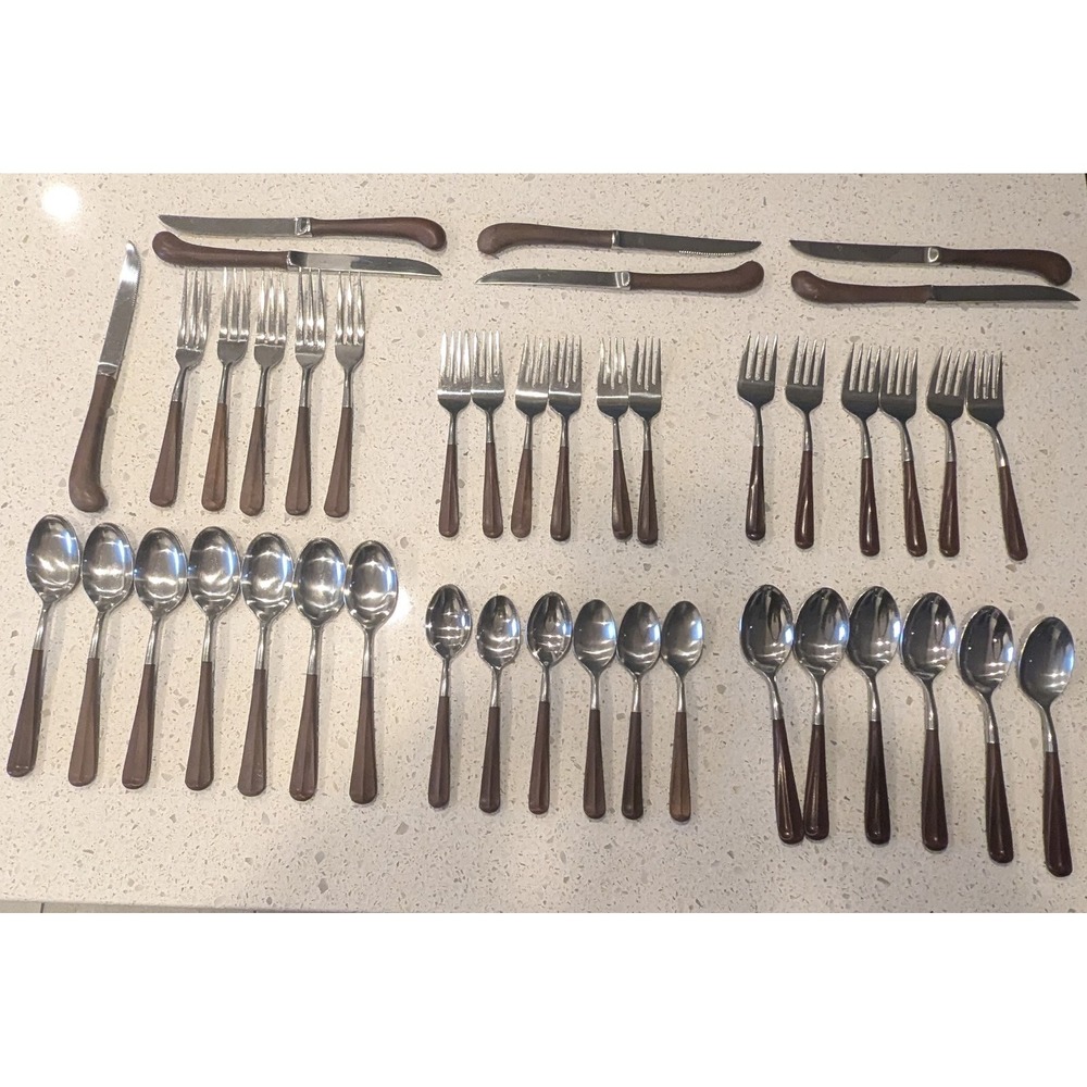 VTG‎ MCM Ekco Stainless Steel ETERNA  Composite Wood Flatware Set Japan 43 Pcs